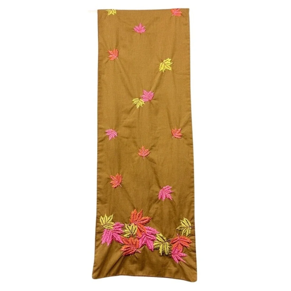 Embroidered Table Runner Brown‎ Pink Green Autumn Fall Leaves Thanksgiving Decor